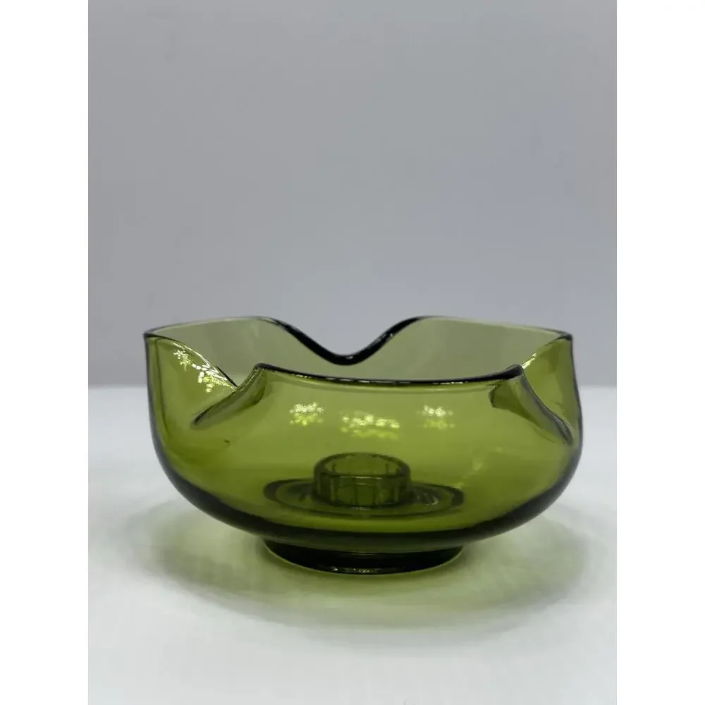 Vintage Anchor Hocking 2 Avocado Green Glass Candle Stick Holders Pair MCM 1970s